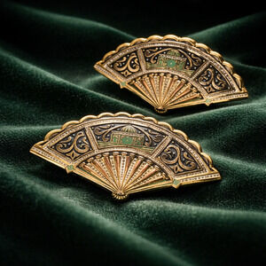 Vintage Art Deco Style Fan Brooch Pair Gold Tone Enamel Pins